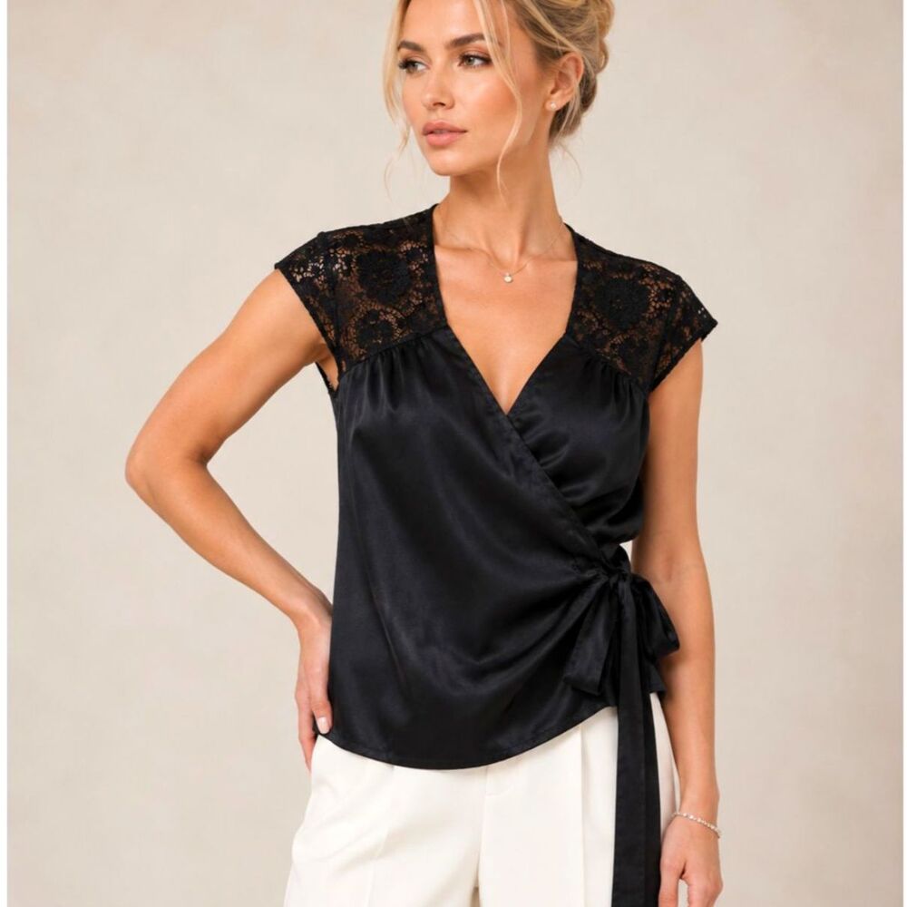 Banana Republic Black Satin Wrap Blouse Lace Back Vintage 2010 Holiday Top XS